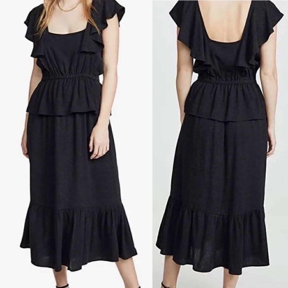 Rachel Pally Black Linen Mariah Ruffle Midi Dress SIZE SMALL